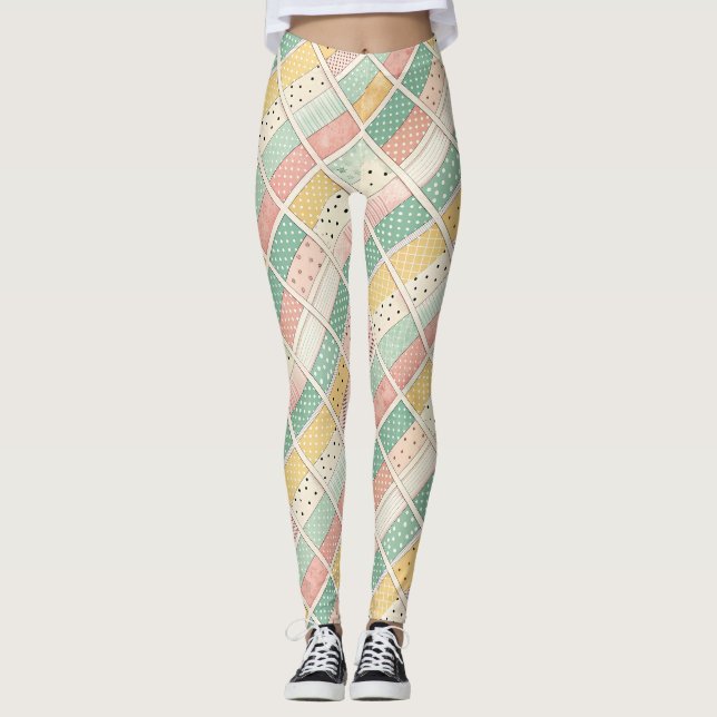 Retro Senap Geometrisk Diamant Rutig Punkt Leggings (Framsida)