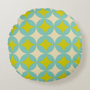 Retro Senap och Teal Geometriskt Cirkulärt Mönster Rund Kudde