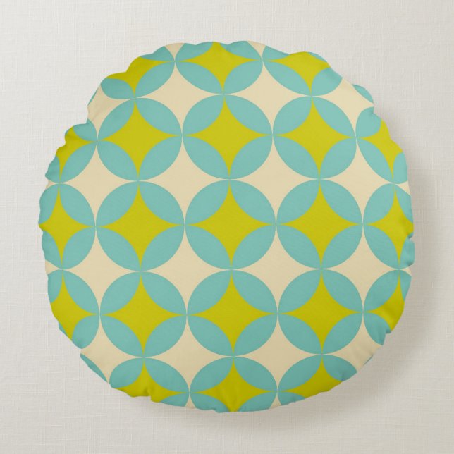 Retro Senap och Teal Geometriskt Cirkulärt Mönster Rund Kudde (Framsidan)