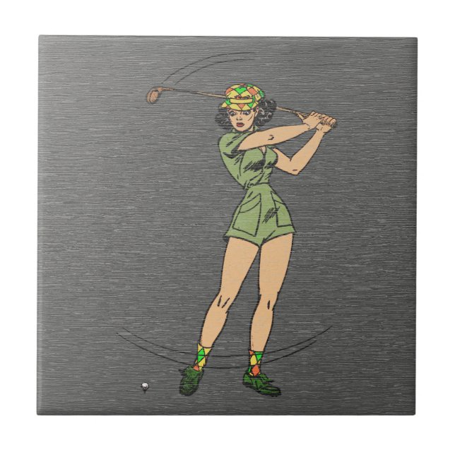 Retro Serieteckning Dam Golfare Kakelplatta (Framsidan)