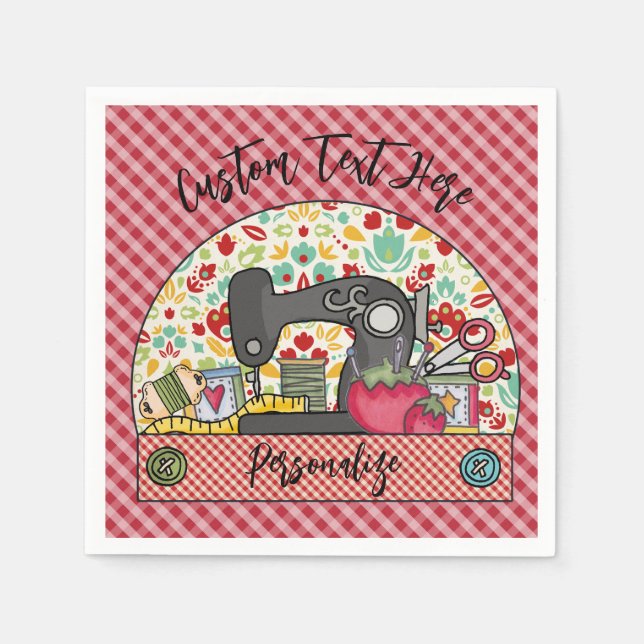 Retro Sewing Maskin Gingham Seamstress Tailor Pappersservett (Framsidan)