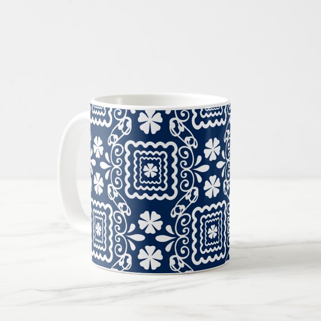 retro sextio tal vit blå blommig mönster kaffemugg (Framsida vänster)