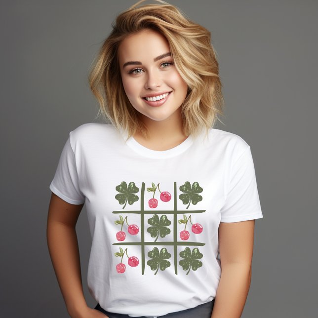Retro Shamrock and Cherry St patricks day T Shirt (Retro checkered shamrocks and vintage cherries St Patrick's Day t-shirt)
