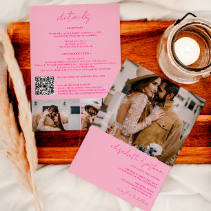 Retro shock rosa 4-foto Qr alla i ett bröllop Inbjudningar