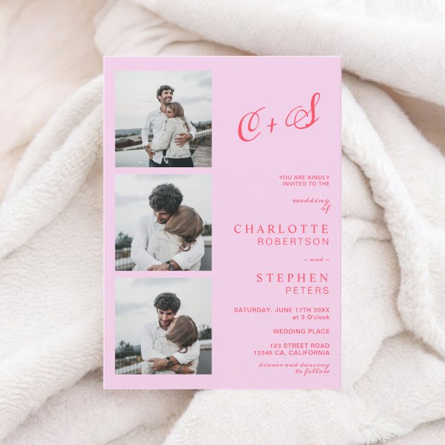 Retro shock rosa red avslappnad initialer-foto brö inbjudningar (Retro hot pink red casual initials photo wedding invitation)
