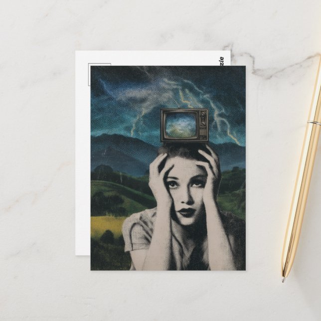 Retro Shocking Television Woman surreal Vykort (Fram/Back In Situ)