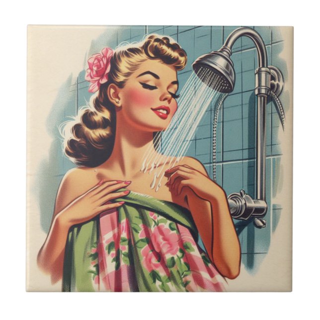 Retro Shower Pin Up Kakelplatta (Framsidan)