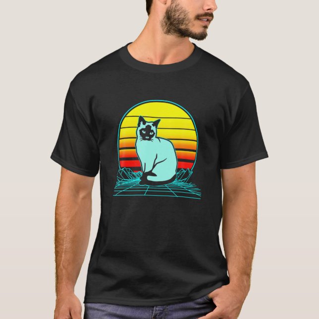Retro Siamese Cat Vaporwave T Shirt (Framsida)