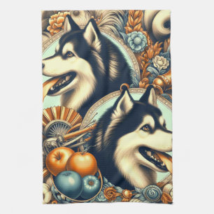Retro Siberian husky Illustration Kökshandduk