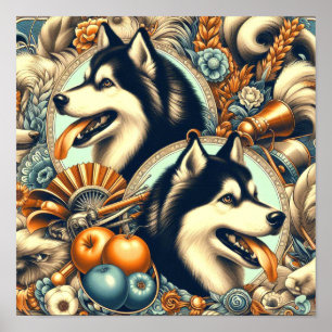 Retro Siberian husky Illustration Poster