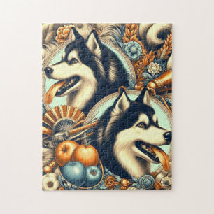 Retro Siberian husky Illustration Pussel