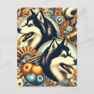 Retro Siberian husky Illustration Vykort