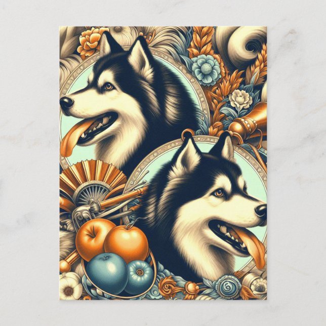 Retro Siberian husky Illustration Vykort (Framsida)