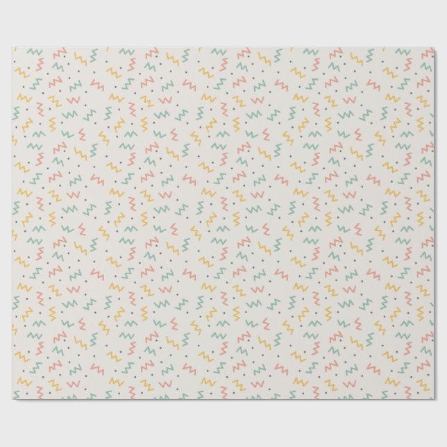 Retro sicksack och prickar i teal senap och korall presentpapper (Platt)