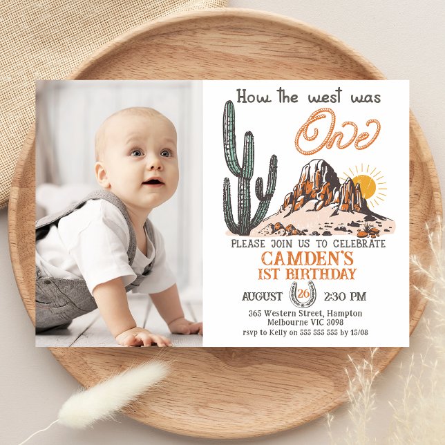Retro Side Photo Hur Västern var en första födelse Inbjudningar (How The West Was One 1st Birthday Invitation with Photo, Boys Wild West 1st Birthday Invite, Western)