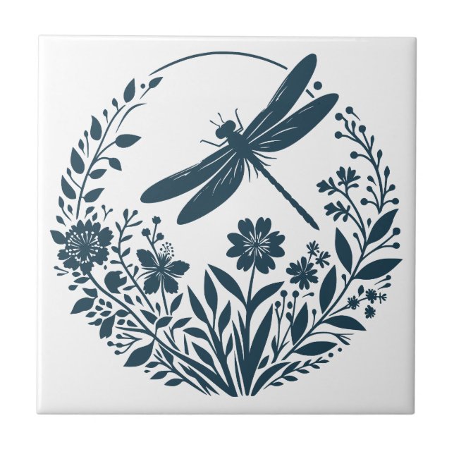 Retro Silhouette Dragonfly med blommor Kakelplatta (Framsidan)