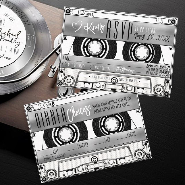 Retro Silver Cassette Tape Wedding OSA (Retro music black & silver vinyl record album cassette tape wedding invitation RSVP dinner choices)