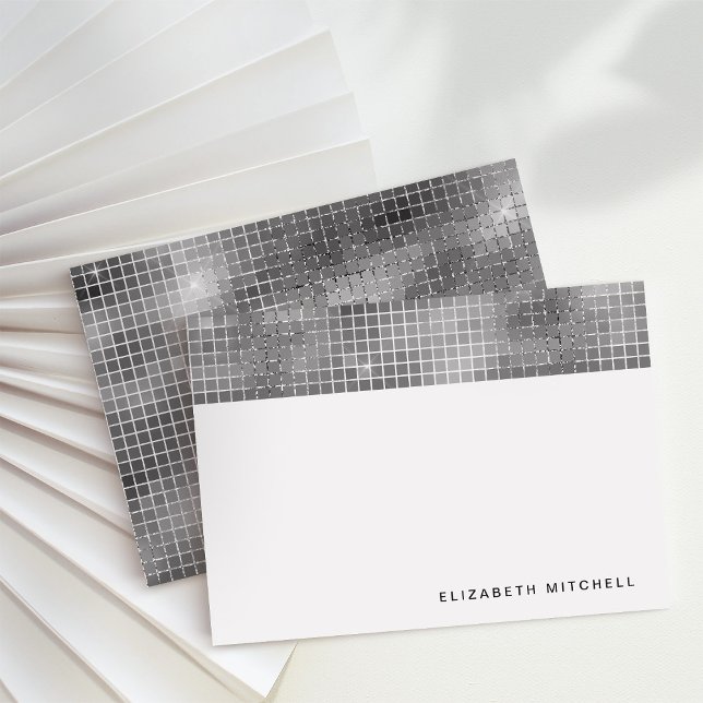 Retro Silver Grått Disco Boll Spegel | Monogram Anteckningskort (Glam, disco-inspired note cards)