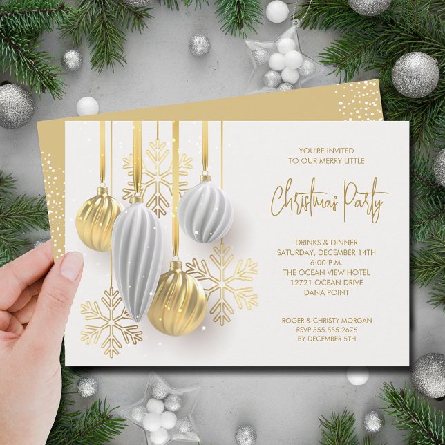 Retro Silver och Guld prydnadsföremål, jul Party Inbjudningar (Retro silver and gold tree ornaments Christmas party invitations)