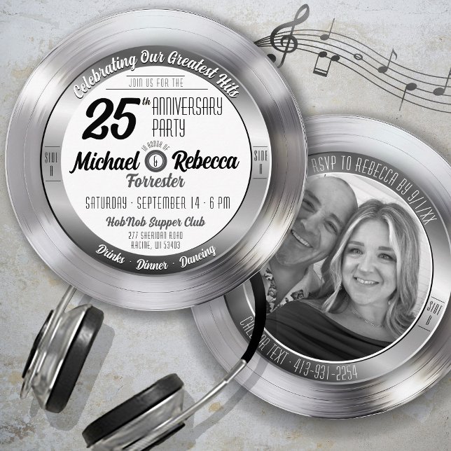 Retro Silver Record Foto 25-årsjubileum Fest Inbjudningar (Retro Round Silver Record Photo 25th Wedding Anniversary Party Invitation)