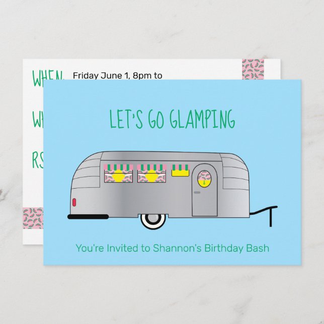 Retro Silver Streamabled Camper Glamping Inbjudningar (Fram/baksida)