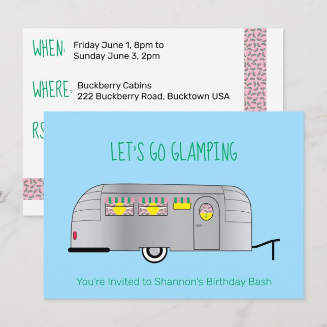 Retro Silver Strömlinjeformat Camping Camper Glamp Inbjudningar (Fram/baksida)