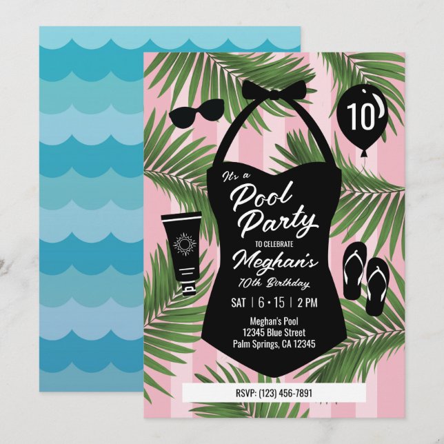 Retro simhudsfödelsedags-poolparty inbjudan (rosa) (Fram/baksida)