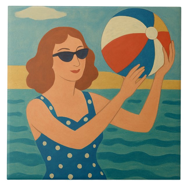 Retro Simmare med Strandboll Kakelplatta (Framsidan)