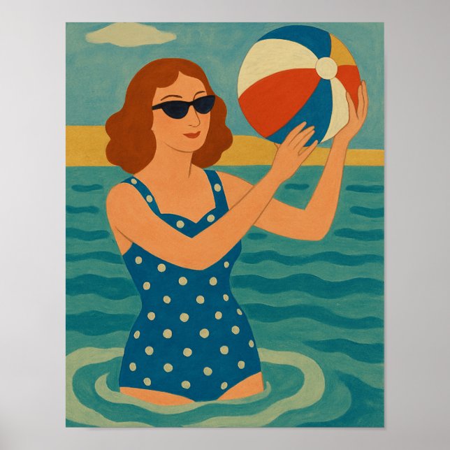 Retro Simmare med Strandboll Poster (Framsidan)