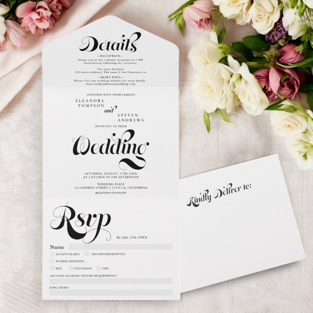 Retro simpel svart, vitt skript, chasbröllop (Retro simple black white script chic wedding all in one invitation)