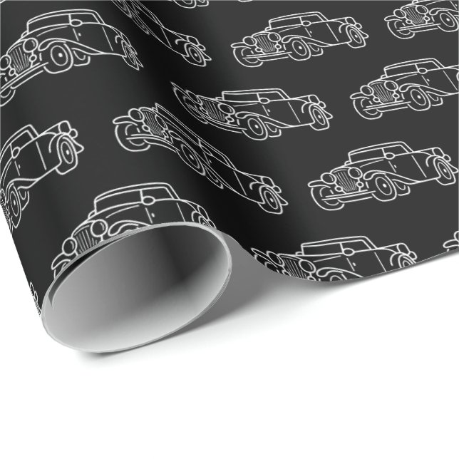 Retro Simple Elegant Black White Classic Cars Presentpapper (Rullad Hörn)