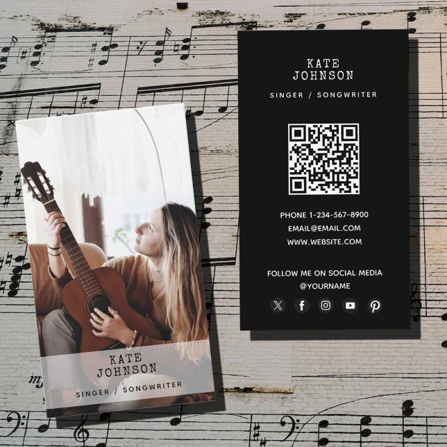 Retro Singer Musician Photo Modern Musical Black Visitkort (Retro Singer Musician Photo Modern Musical Black Business Card)
