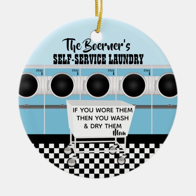 Retro-självbetjäning-Tvätt de utför arbetet Julgransprydnad Keramik (Framsidan)