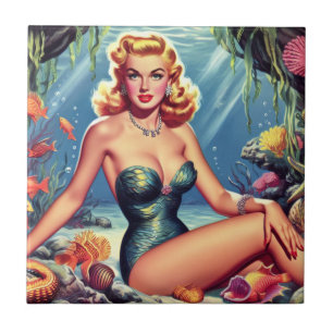 Retro-Sjöjungfru Pin Up Kakelplatta