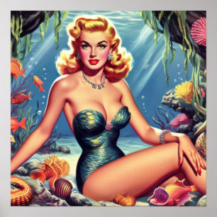 Retro-Sjöjungfru Pin Up Poster