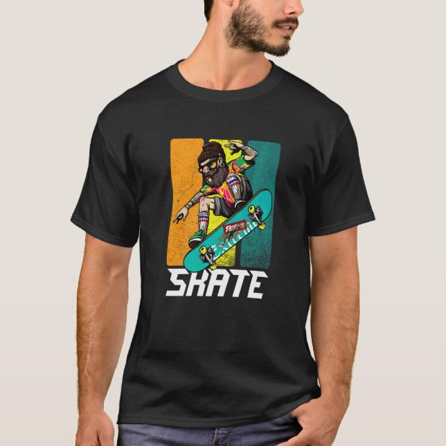 Retro Skäggig Skateboard Hipster Longboard Skate T Shirt (Framsida)