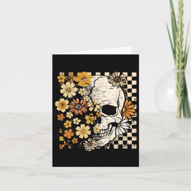 Retro Skalle Skelett Blommig Höst Halloween Spökli Kort (Framsida)