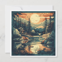 Retro Skandinaviskt Bergsstugelandskaps Julkort