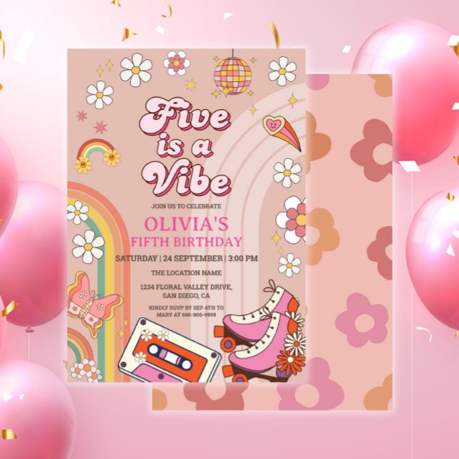 Retro Skate Fem är en Vibe Groovy Birthday Inbjudningar (Retro groovy 90s 5th birthday girl party invitation)