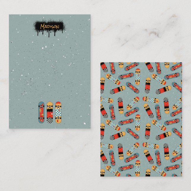 Retro Skateboard Blå Cool Anpassat Namn Barn Anteckningskort (Fram/baksida)