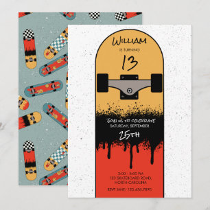 Retro Skateboard Blue Coola Skateboarder Birthday Inbjudningar