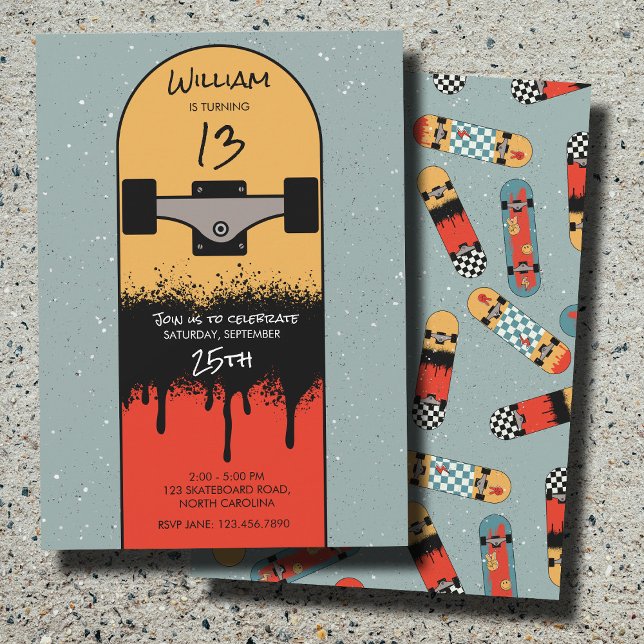 Retro Skateboard Blue Coola Skateboarder Birthday Inbjudningar (Retro Skateboard Blue Cool Skateboarder Birthday Invitation)