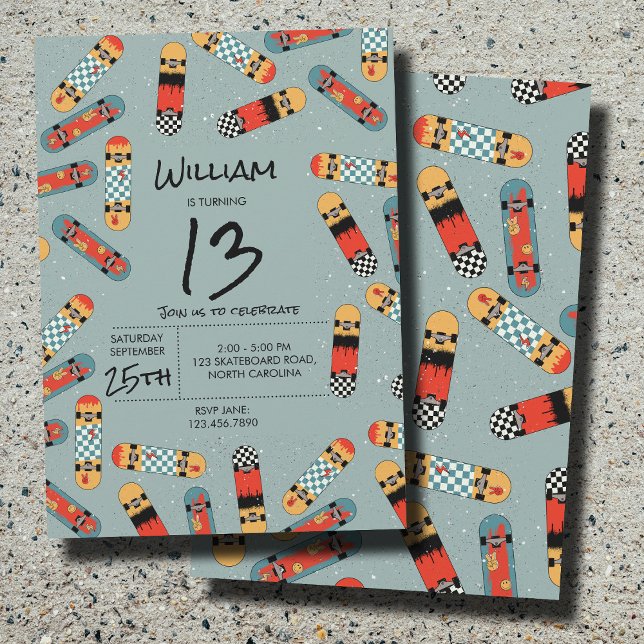 Retro Skateboard Blue Coola Skateboarding Birthday Inbjudningar (Retro Skateboard Blue Cool Skateboarding Birthday Invitation)