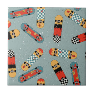 Retro Skateboard Blue Coola Sömlös Mönster Kakelplatta