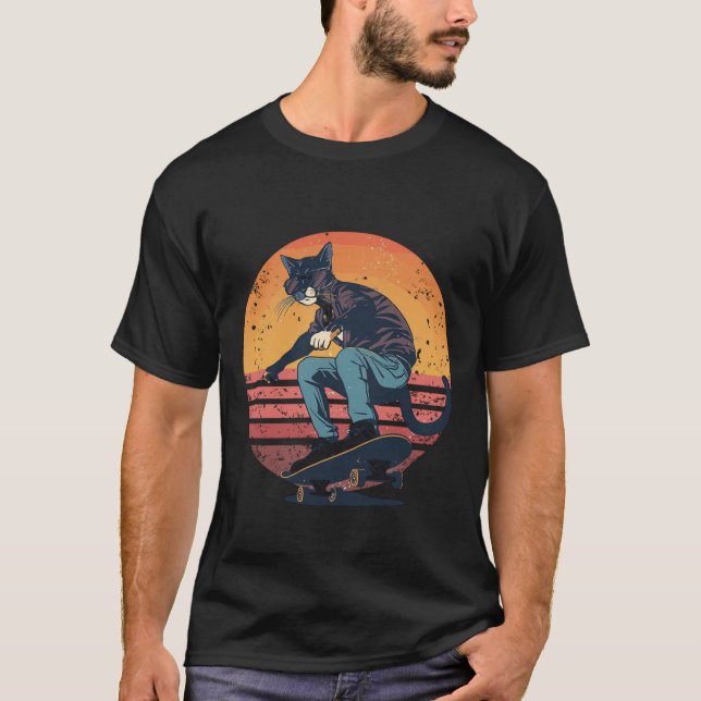 Retro Skater Cat Skateboard  T Shirt (Framsida)