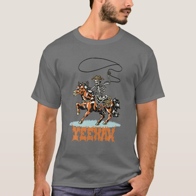 Retro Skeleton Cowboy Yehaw Westernare Land Cowgi T Shirt (Framsida)