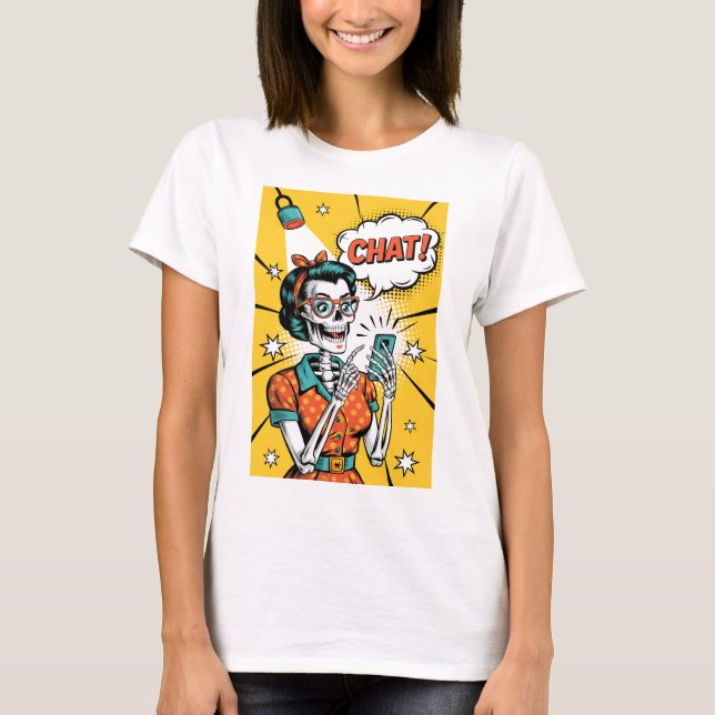 Retro Skeleton Woman in Chatta - Classic Pop Art T Shirt (Framsida)