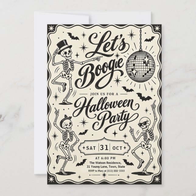 Retro Skelett Disco Halloweenfest Inbjudningar (Framsida)