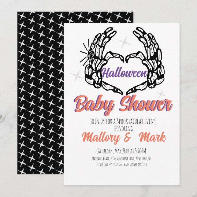 Retro skelett Halloween baby shower-fest  Inbjudningar (Fram/baksida)