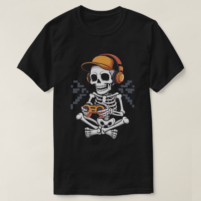 Retro skelett-spelare med headset och kontroll t shirt (Design framsida)